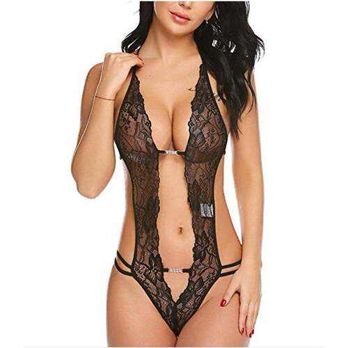 Sexy Lingerie Solid Color Sling Deep V Backless Bodysuit
