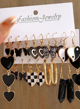Earring set 5 pieces黑色桃心耳环C型棋盘格耳环套装组合5件套