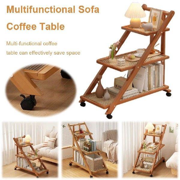 Mobile Snack Side End Table with 3-Tier Storage Shelves