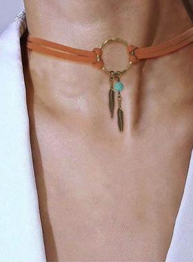 clavicle chain retro necklace leaf pendant leather choker 新