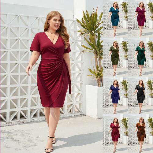 Curvy ladies pencil dress plus size women V neck party dress