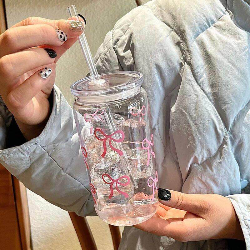500毫升粉红色蝴蝶结打印水瓶,可饮用冰热咖啡
