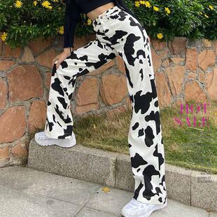 Statement print straight-leg jeans高腰个性印花宽松直筒牛仔裤