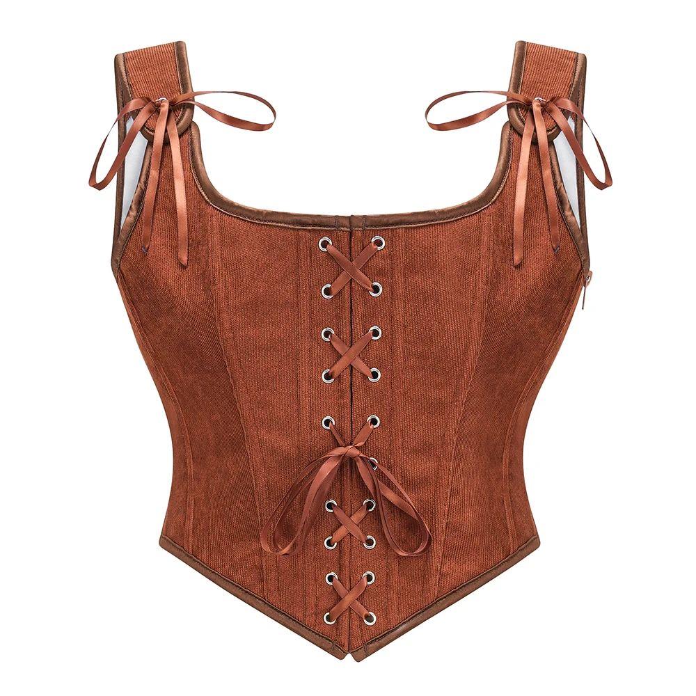 Brown Front Lace Up Zipper Vintage Gothic Women Corset Tank
