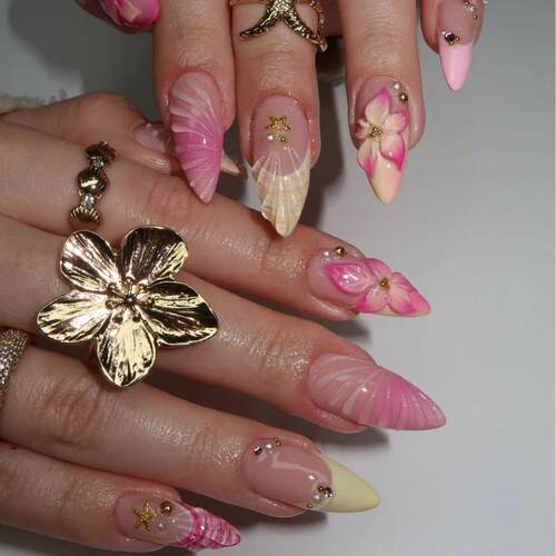 24PCS 3D Sweet Pink Flower Almond Press on False Nails with