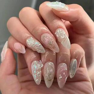 24Pcs Pink Almond False Nails Butterfly Ballet with French D