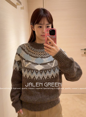 JALEN GREEN 滑雪系列!1-14/费尔岛提花字母圆领羊驼毛针织毛衣女