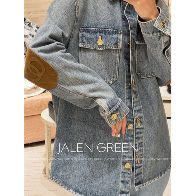 JALEN GREEN/遮胯藏肉！韩系拼接贴布牛仔外套宽松翻领中长衬衣女