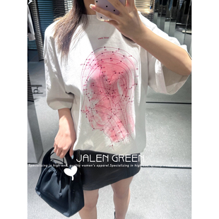 几何印花短袖 JALEN 20白T搭万物 T恤女宽松休闲百搭做旧 GREEN