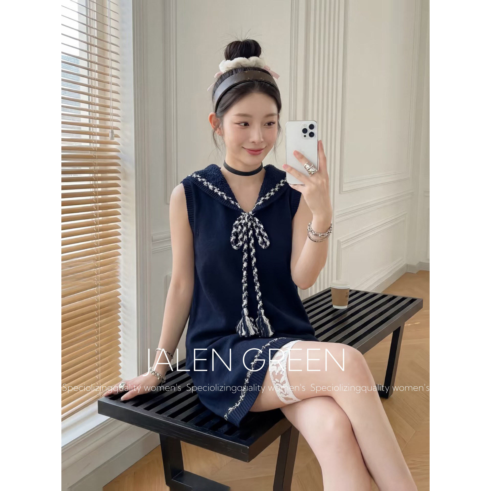 JALEN GREEN/显瘦小机灵! 26ss轻奢风海军领A字裙显身材连衣裙女