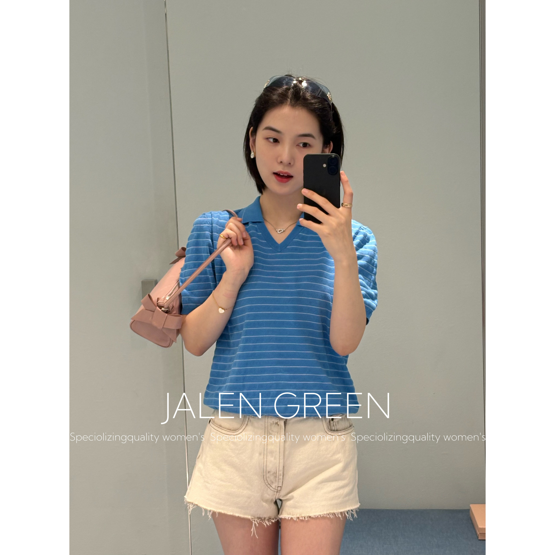 JALEN GREEN/衣柜上新！26s新品撞色细条纹短袖翻领V领针织上衣女图片