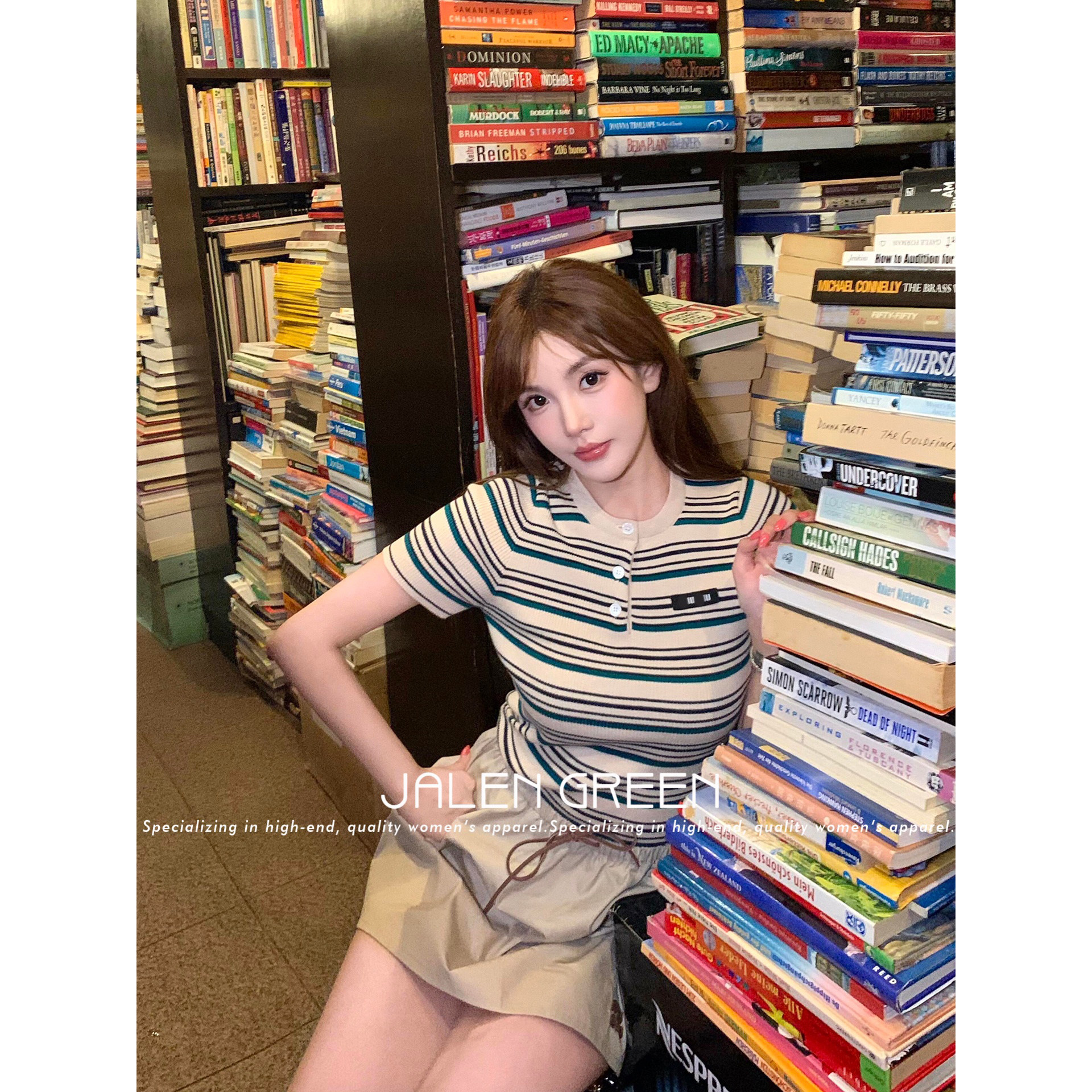JALEN GREEN/活力少女感！26ss撞色条纹修身型套头毛针织衫女上衣