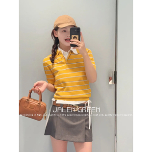 简单即高级 条纹常规款 JALEN 通勤风短袖 毛针织衫 女 GREEN