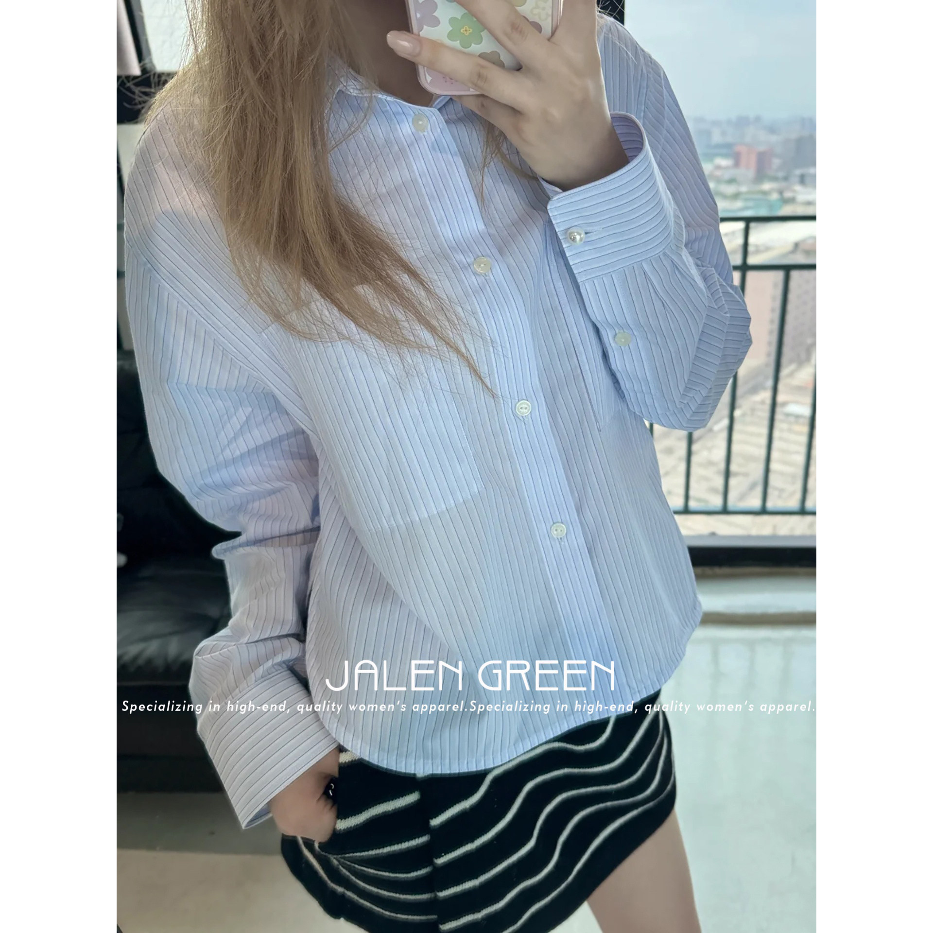 JALEN GREEN/乖姐动态审美! 休闲风条纹长袖短款衬衫+长款衬衫女