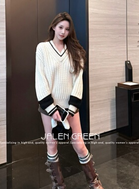 JALEN GREEN 千金大小姐!1-20/26c新款V领撞色格子长袖羊毛上衣女