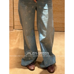 JALEN GREEN 定位刺绣亮片!1-20/字母水洗高腰阔腿微喇牛仔裤子女