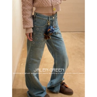 JALEN GREEN 板型天花板!1-20/字母亮片定位刺绣高腰微喇牛仔裤女