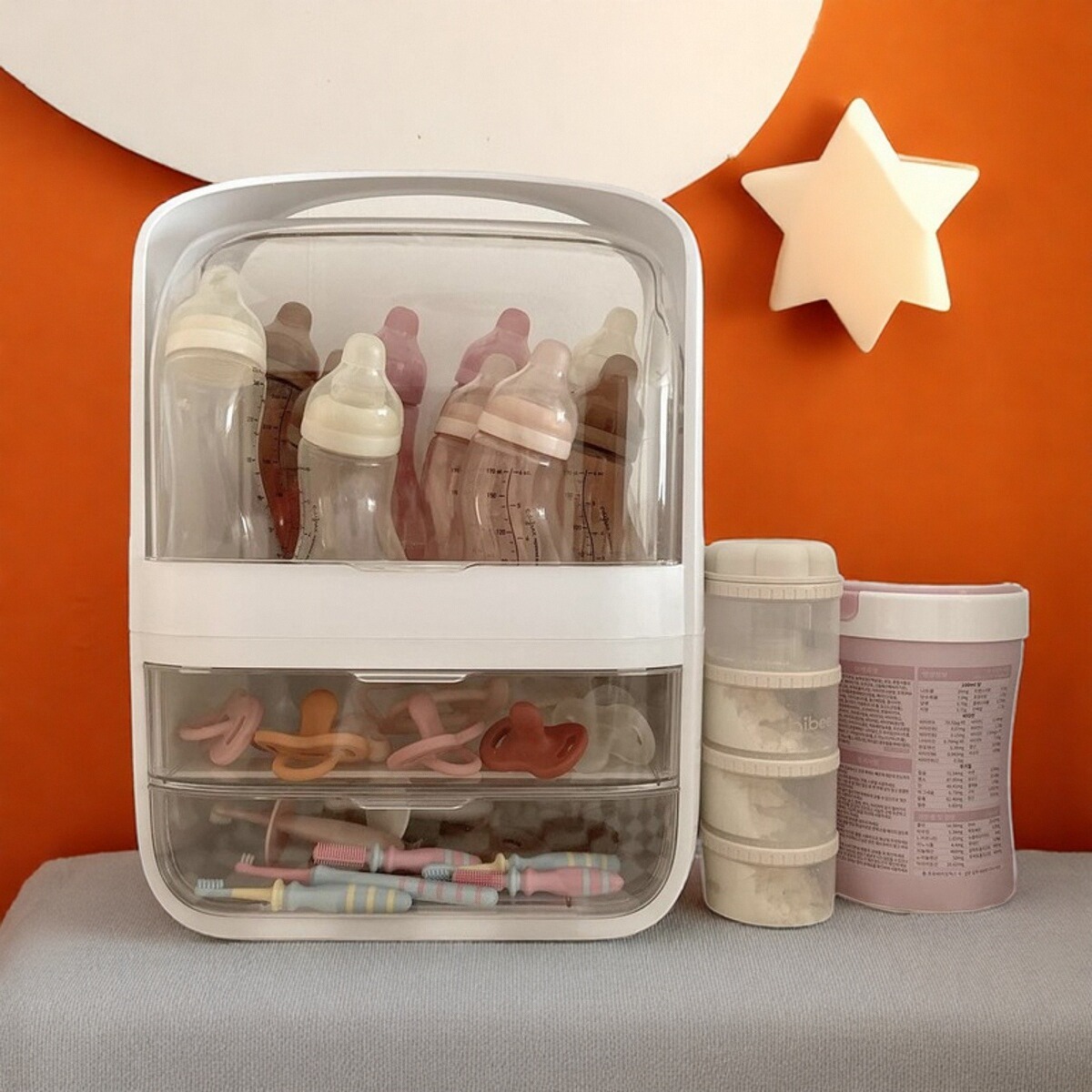 婴儿奶嘴奶瓶收纳盒置物架宝宝辅食工具收纳箱专用防尘双层收纳盒