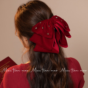 高马尾抓夹女半扎发蝴蝶结头饰2025新款高端红色发卡高级感发饰