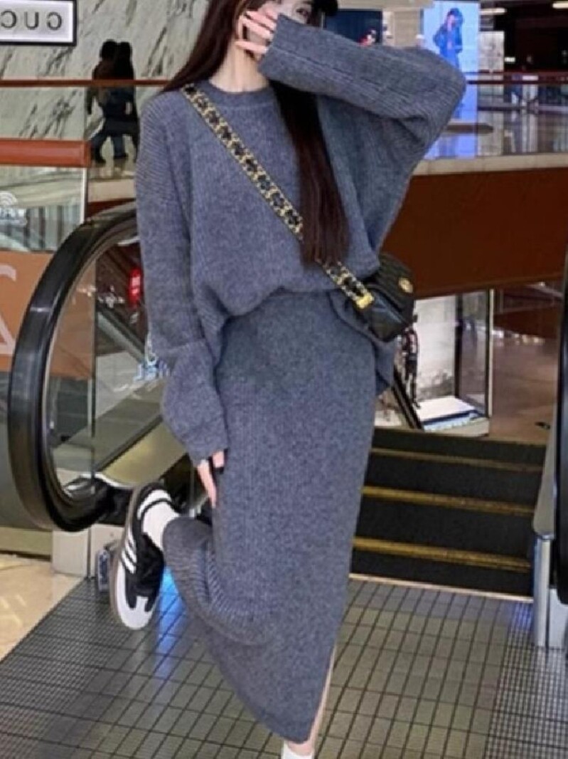 플러스 사이즈 지방 MM 300 파운드 스커트 풀오버 니트 투피스 가을 겨울 여성용 느슨한 게으른 스타일 슬릿 스웨터