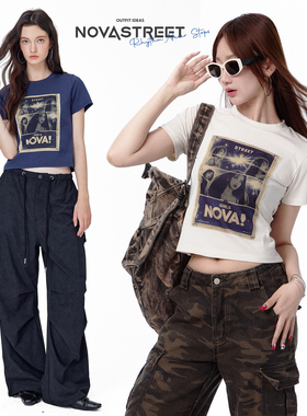 NovaStreet 复古印花贴布短袖t恤美式辣妹潮牌上衣街舞爵士舞女夏