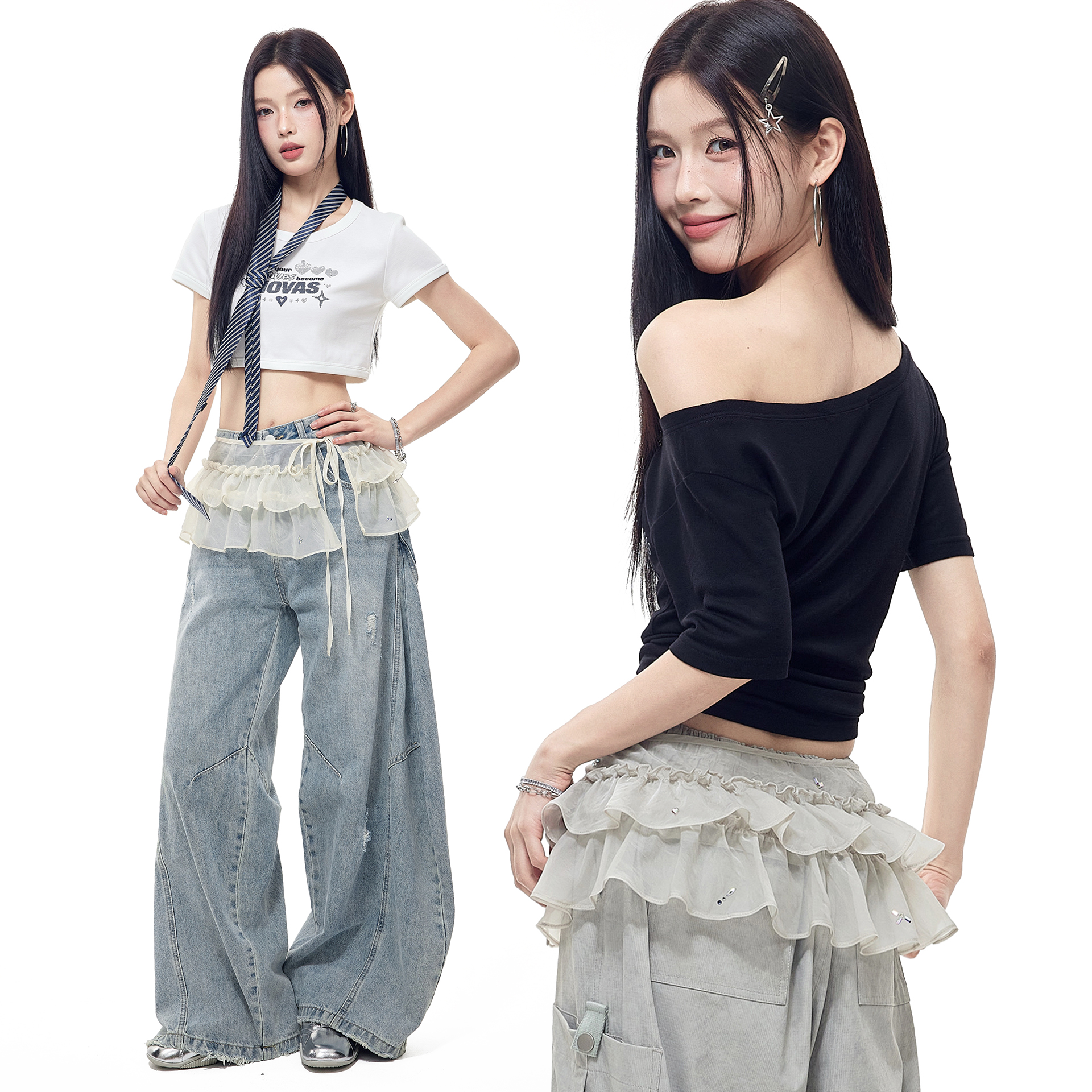 NovaStreet重工烫钻荷叶边屁帘裙