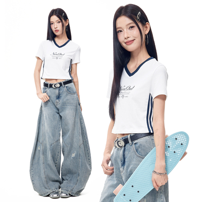 NovaStreet 撞色杠条T恤美式复古V领字母印花上衣休闲街舞爵士女