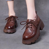 厚底小皮鞋 牛皮 系带软皮乐福女鞋 女粗跟防滑松糕鞋 显高年春夏新款