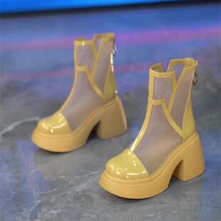 法式 圆头网纱透气拼接高跟马丁靴牛皮 小个子厚底增高粗跟凉靴夏季