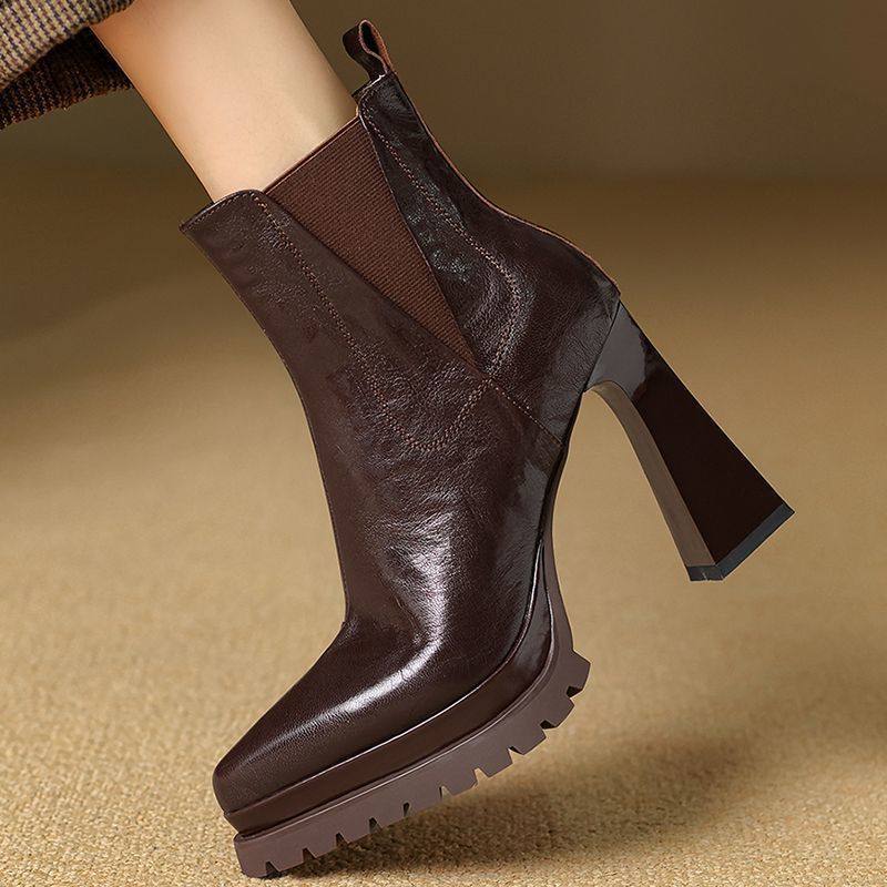 复古尖头防水台高跟短靴女百搭2024秋冬新款女士粗跟马丁靴不累脚,女鞋,时装靴,淘宝优惠券,粉丝福利购,淘宝优惠卷