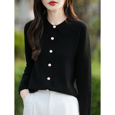 ROUMIKL法式气质POLO领100针织开衫女2025新款加厚保暖翻领外套毛