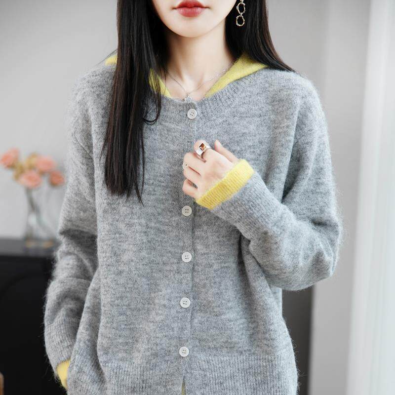 ROUMIKL法式高级感撞色连帽针织衫女假两件开衫毛衣2025新款别致