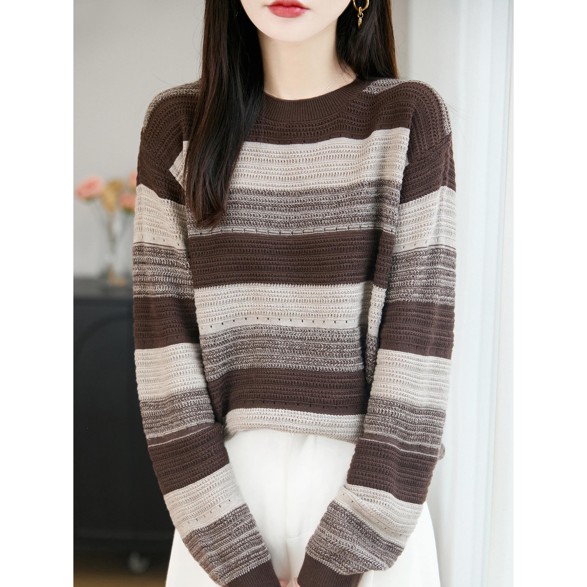 ROUMIKL法式慵懒风撞色条纹针织衫女2025新款加厚保暖覆古洋气打