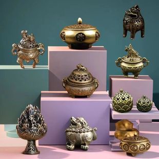 跨境香炉仿古三足双耳香薰炉带盖子迷你貔貅鼎手把件麒麟铜小香炉
