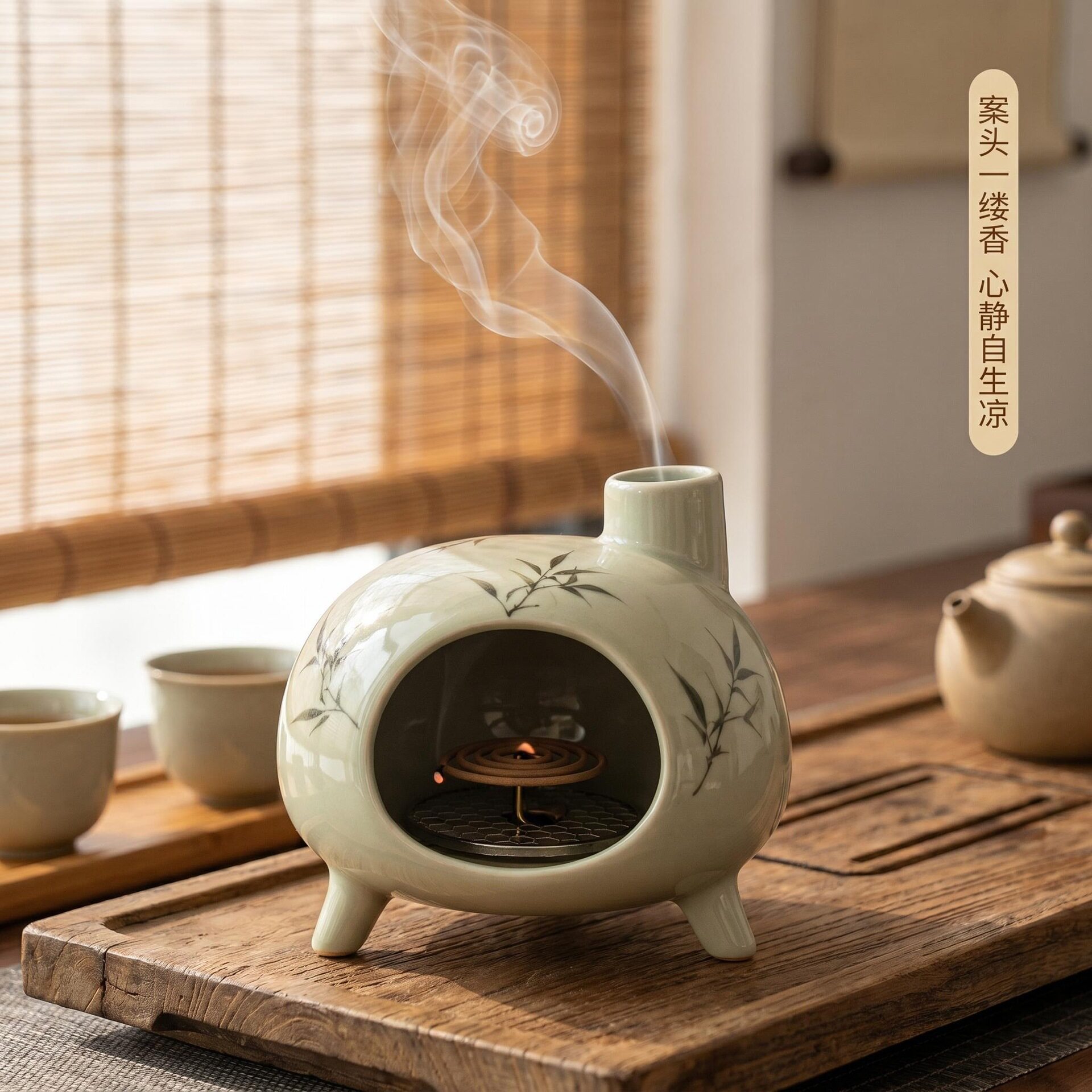 手绘青竹青瓷便携薰灸炉
