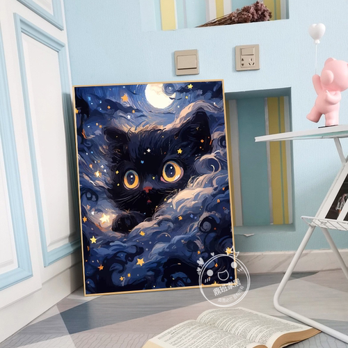 梵高风星空黑猫可爱挂画治愈系猫咪ins风客餐厅卧室玄关装饰摆画
