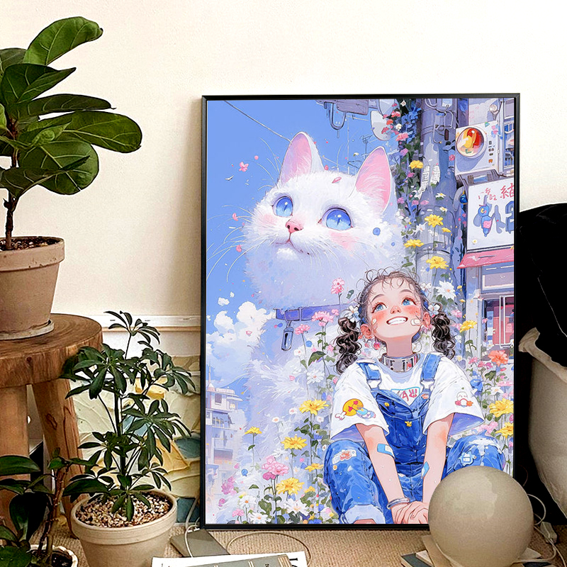 猫和女孩可爱卧室装饰画温馨儿童房挂画治愈系客厅2025新款壁画图片
