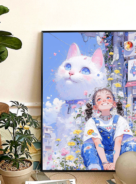 猫和女孩可爱卧室装饰画温馨儿童房挂画治愈系客厅守望天空壁画