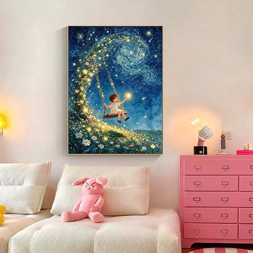 梵高星夜唯美治愈卡通风景装饰画客厅沙发蓝色系儿童房卧室壁挂画
