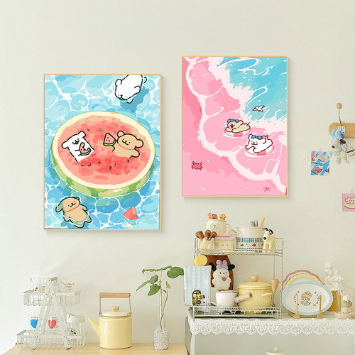 夏日多巴胺线条小狗可爱餐厅装饰画ins卡通儿童房卧室床头壁挂画