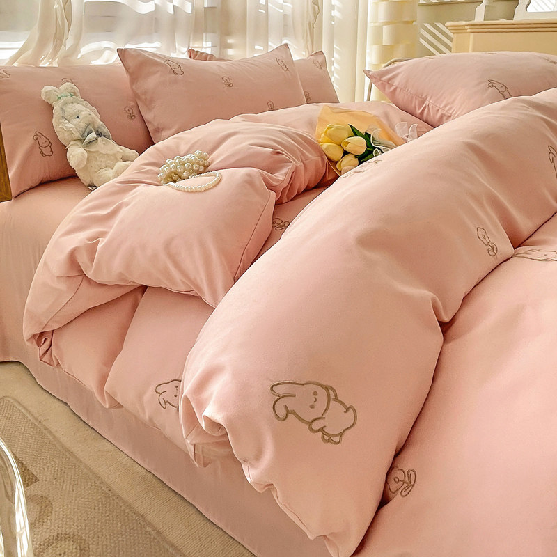 好多兔学生宿舍床上简约高中生粉纯色被套水洗棉床单人床四件套女