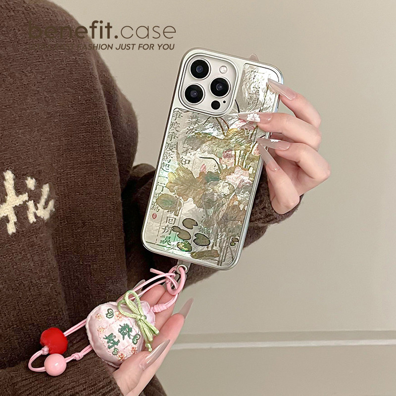 benefit古风荷花书法诗词带发财福袋手链17适用于iphone16promax苹果15PRO磁吸手机壳13新款14套12冰川纹防摔