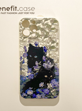 benefit紫色花丛小黑猫17适用于iphone16promax苹果15PRO手机壳13新款14套12创意11全包xsmax硅胶xr防摔8plu