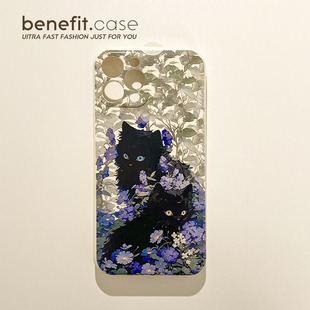 benefit紫色花丛小黑猫17适用于iphone16promax苹果15PRO手机壳13新款 14套12创意11全包xsmax硅胶xr防摔8plu