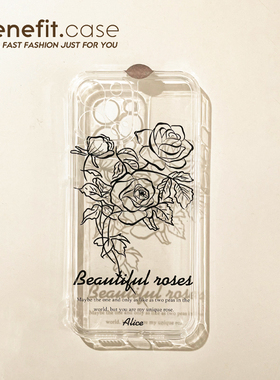 Benefit简约ins黑色线条花17pro16适用15苹果13promax手机壳iphone12mi防摔14promax日韩11xs个性xr透明8p小