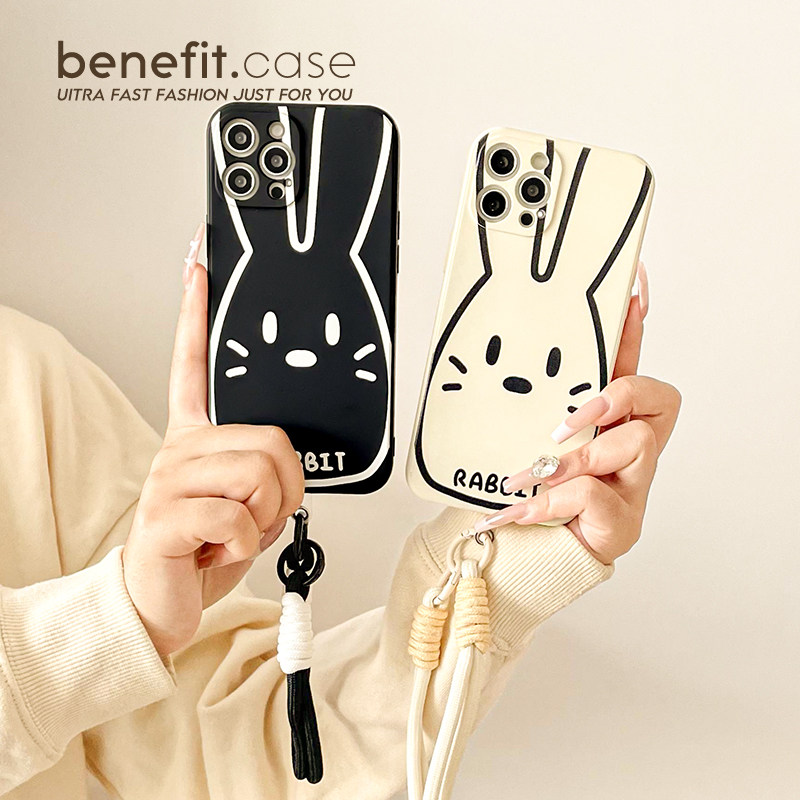 benefit黑白长耳朵兔带挂绳适用于iphone16promax苹果15PRO手机壳13新款14套12情侣11全包xsmax硅胶xr防摔8p7