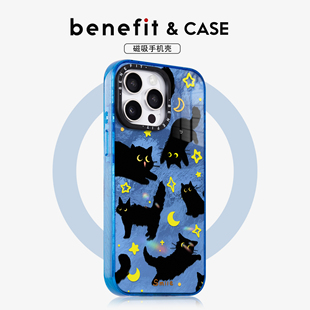 benefit卡通涂鸦星月黑猫17适用于iphone16promax苹果15PRO晶盾磁吸手机壳13新款 14套12冰川纹防摔彩色边框