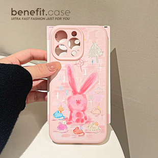 benefit粉色涂鸦可爱兔子17适用于iphone16promax苹果15PRO手机壳13新款 14套12简约11全包xsmax硅胶xr防摔8p