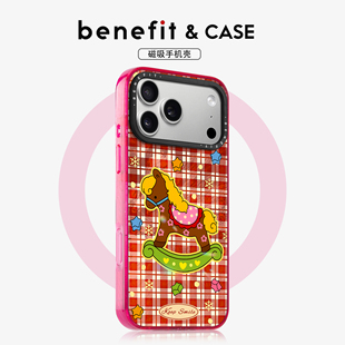 benefit红白格卡通摇摇木马适用于iphone17promax苹果16PRO晶盾磁吸手机壳15新款 13套14冰川纹12防摔彩色边框