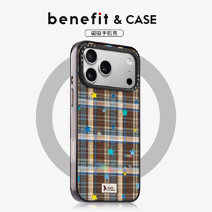 benefit复古雅致格纹星星适用于iphone17promax苹果16PRO晶盾磁吸手机壳15新款 13套14冰川纹12防摔彩色边框